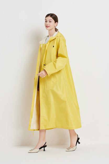 Size L Yellow Women's Chic Lightweight Waterproof Raincoat - Long Hooded Packable Rain Jacket with Pouch - Image 4
