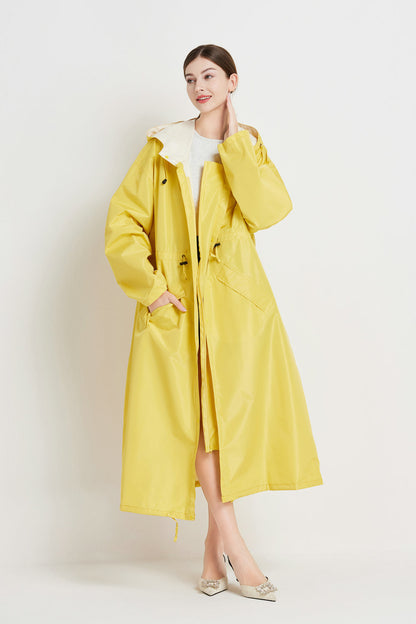 Size XL Yellow Women's Chic Lightweight Waterproof Raincoat - Long Hooded Packable Rain Jacket with Pouch - Image 2