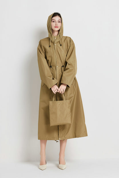 Size M Brown Women's Chic Lightweight Waterproof Raincoat - Long Hooded Packable Rain Jacket with Pouch