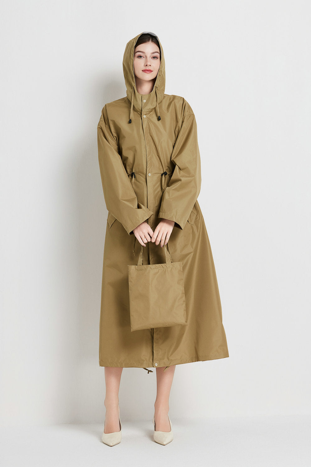Size L Brown Women's Chic Lightweight Waterproof Raincoat - Long Hooded Packable Rain Jacket with Pouch