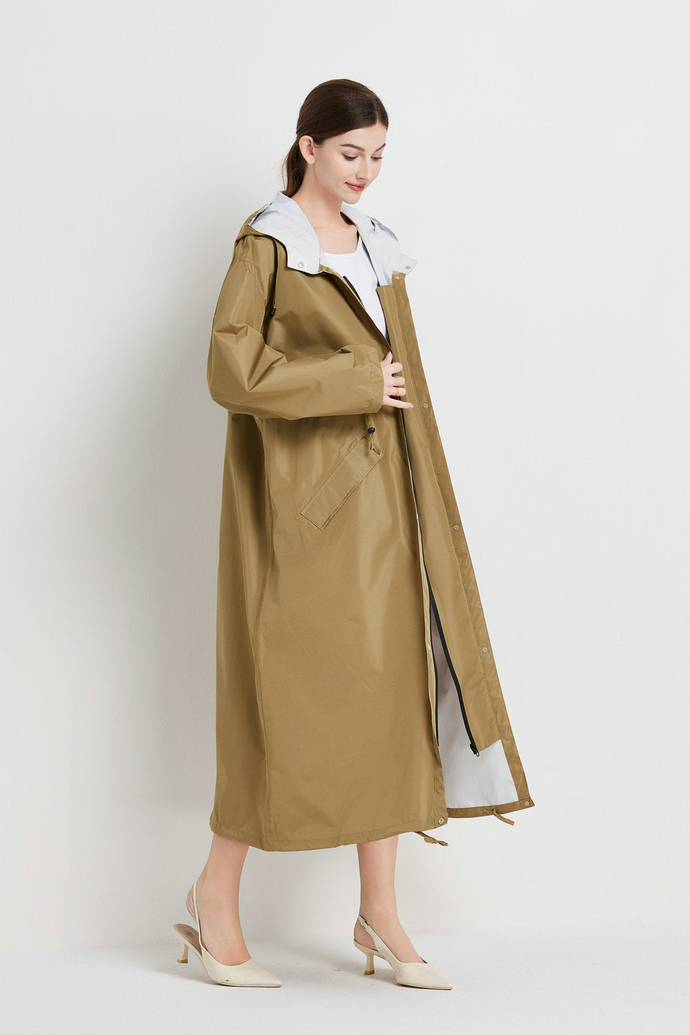Size L Brown Women's Chic Lightweight Waterproof Raincoat - Long Hooded Packable Rain Jacket with Pouch - Image 3