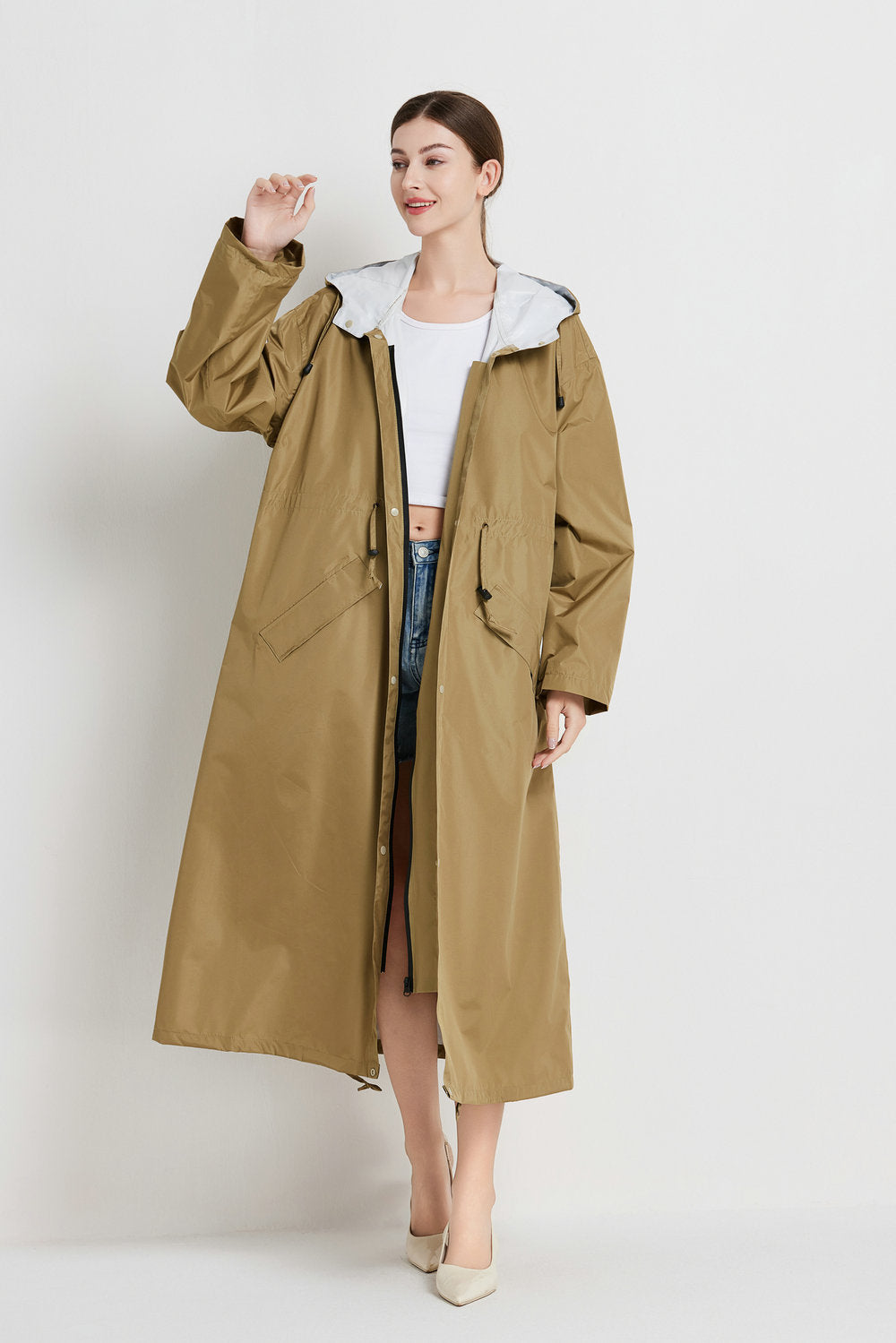 Size L Brown Women's Chic Lightweight Waterproof Raincoat - Long Hooded Packable Rain Jacket with Pouch - Image 4