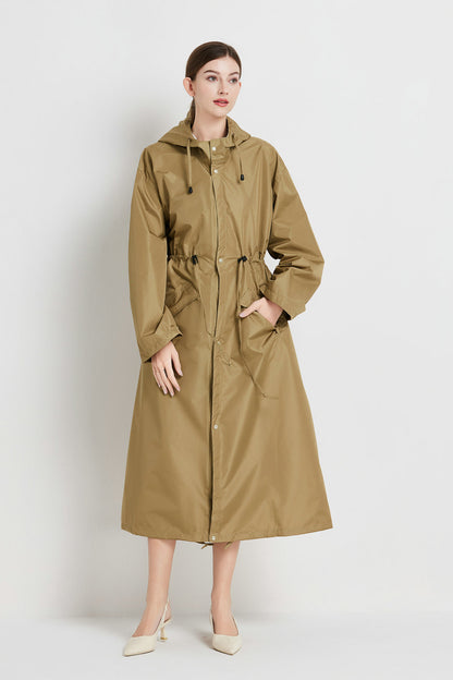 Size XL Brown Women's Chic Lightweight Waterproof Raincoat - Long Hooded Packable Rain Jacket with Pouch - Image 2