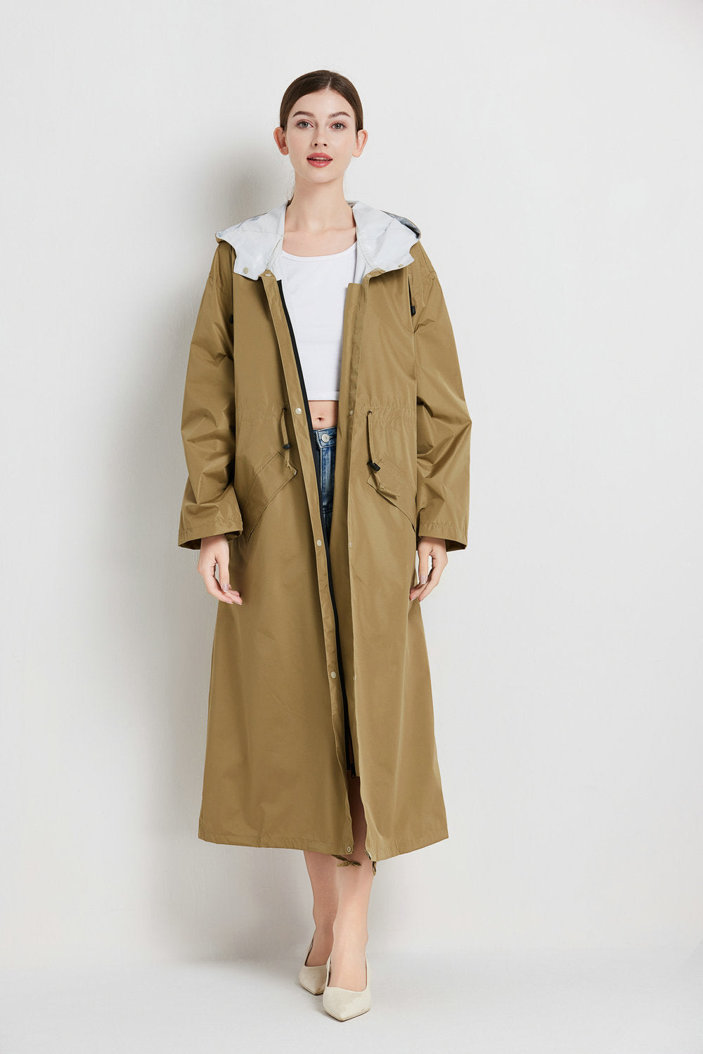 Size XL Brown Women's Chic Lightweight Waterproof Raincoat - Long Hooded Packable Rain Jacket with Pouch - Image 5