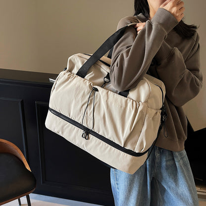Beige and Black Large Capacity Travel Bag with Wet/Dry Separation - Canvas + Polyester, Lightweight Handbag for Short Trips and Fitness, Fits on Luggage - Image 6