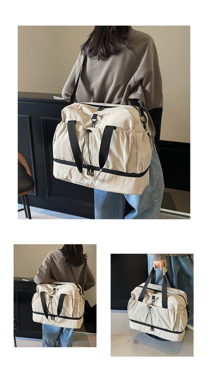 khaki and Black Large Capacity Travel Bag with Wet/Dry Separation - Canvas + Polyester, Lightweight Handbag for Short Trips and Fitness, Fits on Luggage - Image 3
