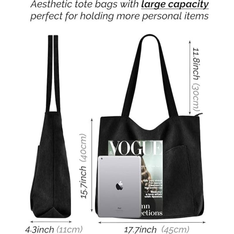 Black Stylish Corduroy Canvas Tote Bag - Fashionable and Retro Shoulder Bag - Image 2