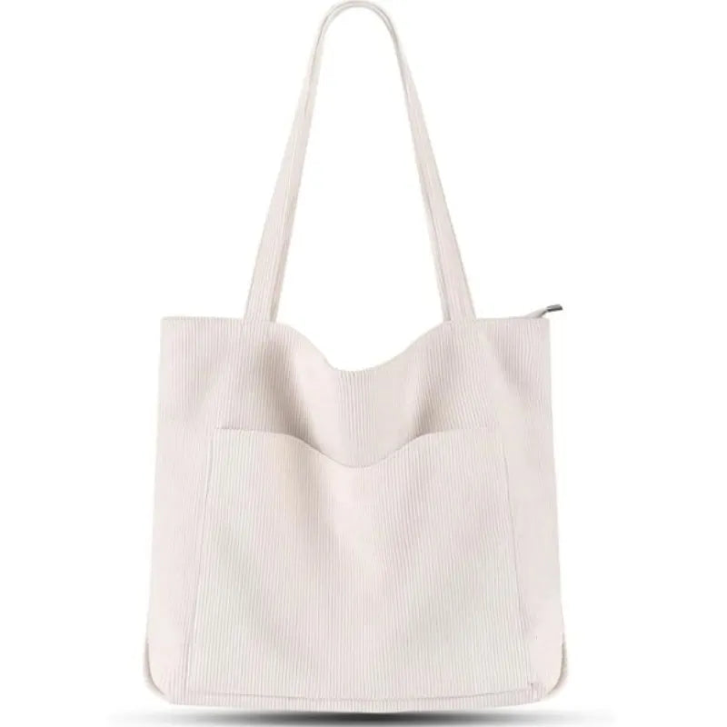 White Stylish Corduroy Canvas Tote Bag - Fashionable and Retro Shoulder Bag