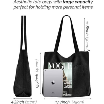 Green Stylish Corduroy Canvas Tote Bag - Fashionable and Retro Shoulder Bag - Image 2