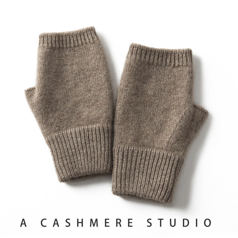 Brown Color Block Cashmere Fingerless Gloves for Women Autumn Winter Outdoor Cold Protection Warm Knitted Gloves