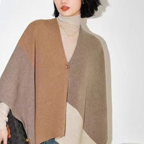 Brown Pure Wool Extra Large Shawl Scarf Color Block Multi-functional Warm Cashmere Cape Poncho - Image 2