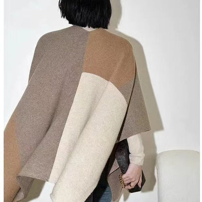 Brown Pure Wool Extra Large Shawl Scarf Color Block Multi-functional Warm Cashmere Cape Poncho - Image 3