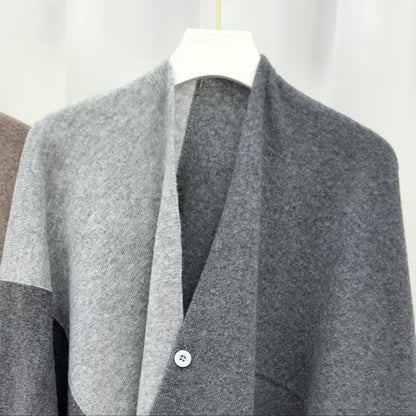 Grey Pure Wool Extra Large Shawl Scarf Color Block Multi-functional Warm Cashmere Cape Poncho - Image 2