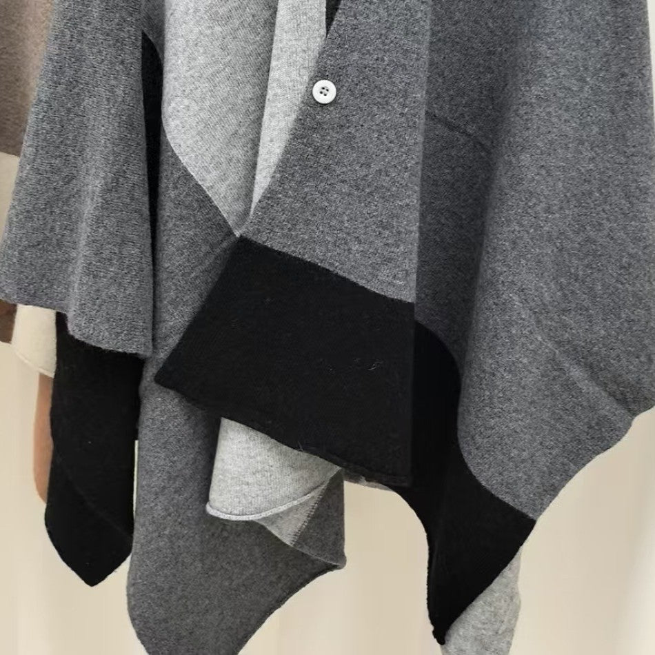 Grey Pure Wool Extra Large Shawl Scarf Color Block Multi-functional Warm Cashmere Cape Poncho - Image 3