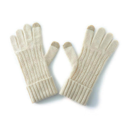 Beige Unisex Touchscreen Ribbed Warm Cycling Windproof Knitted Five-finger Gloves