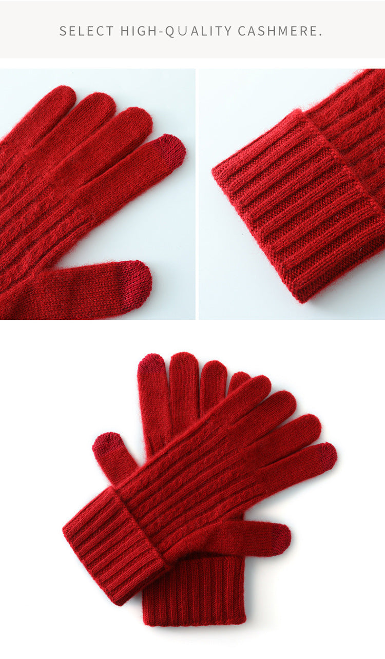 Red Unisex Touchscreen Ribbed Warm Cycling Windproof Knitted Five-finger Gloves - Image 2