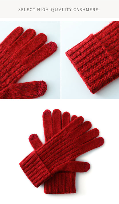 Red Unisex Touchscreen Ribbed Warm Cycling Windproof Knitted Five-finger Gloves - Image 2