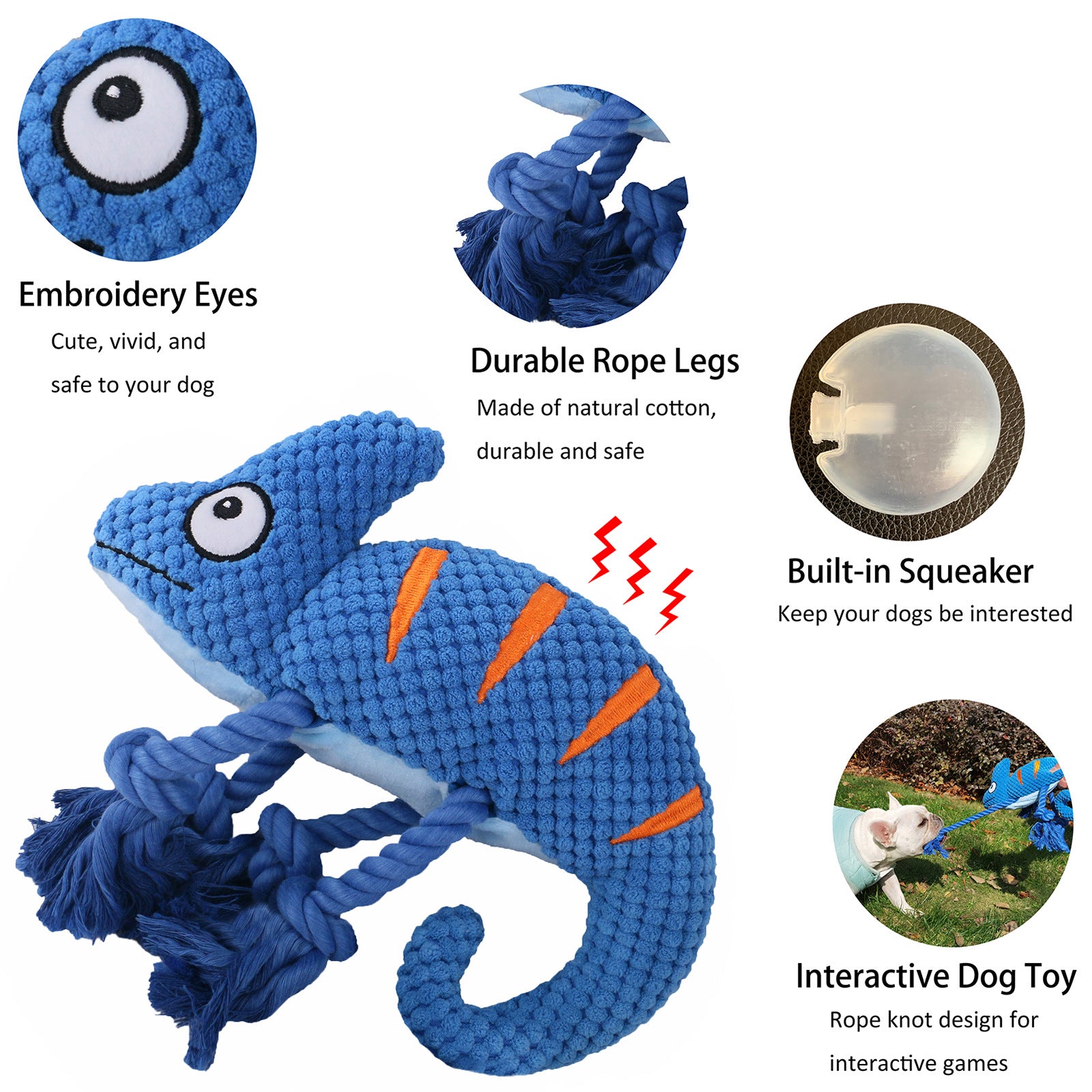 2 Pcs Red Interactive Plush Chameleon Dog Toy with Squeaker & Rope Legs - Durable Chew Toy for Medium/Large Dogs, Teeth Cleaning Texture, Machine Washable (10.2in) - Image 4