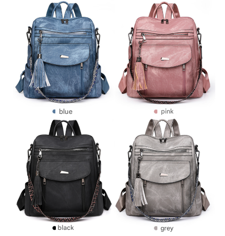 Blue Chic Women's PU Leather Convertible Backpack - Anti-Theft Design, Multi-Pocket Shoulder Bag with Tassel - Image 3