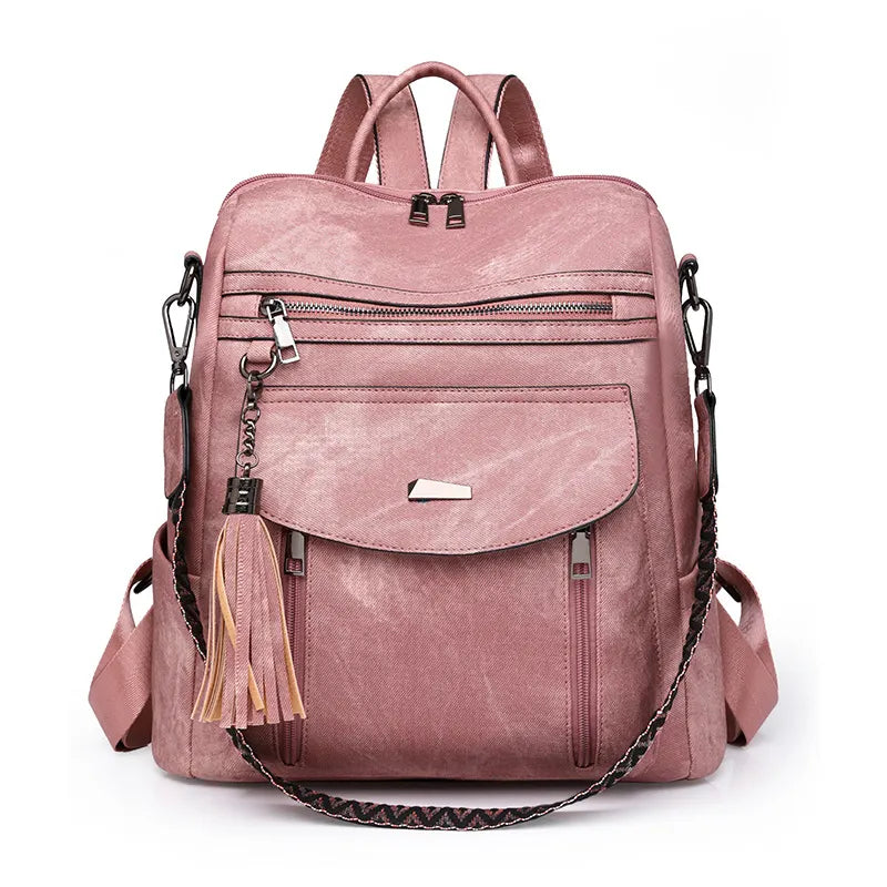 Pink Chic Women's PU Leather Convertible Backpack - Anti-Theft Design, Multi-Pocket Shoulder Bag with Tassel