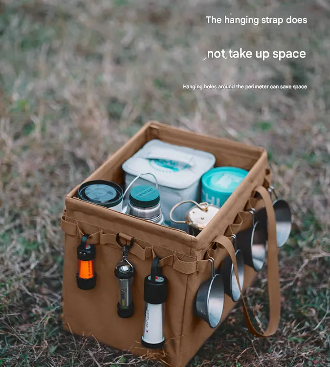 Brown Heavy Duty Foldable Outdoor Camping Storage Box - Oxford Cloth Collapsible Gear Organizer Tote with Pockets - Image 2