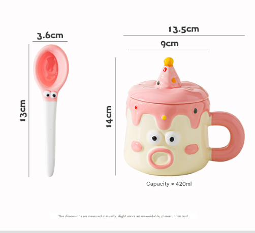 Pink Adorable Cartoon Character Ceramic Mug Set - 420ml with Fun Cake Design Lid & Matching Spoon - Perfect Gift - Image 4