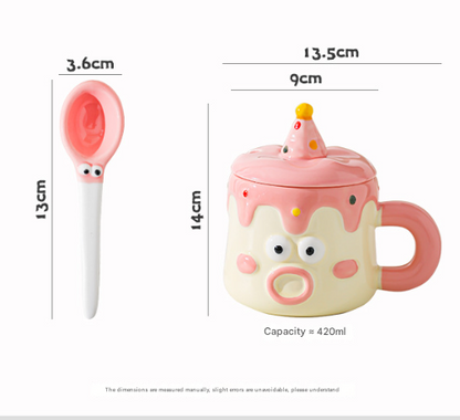 Pink Adorable Cartoon Character Ceramic Mug Set - 420ml with Fun Cake Design Lid & Matching Spoon - Perfect Gift - Image 4