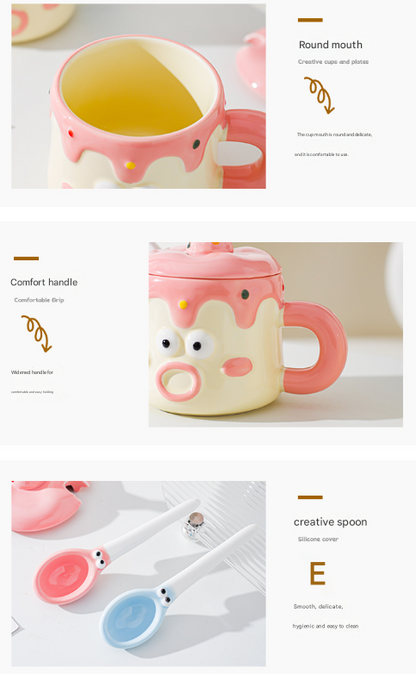 Pink Adorable Cartoon Character Ceramic Mug Set - 420ml with Fun Cake Design Lid & Matching Spoon - Perfect Gift - Image 5