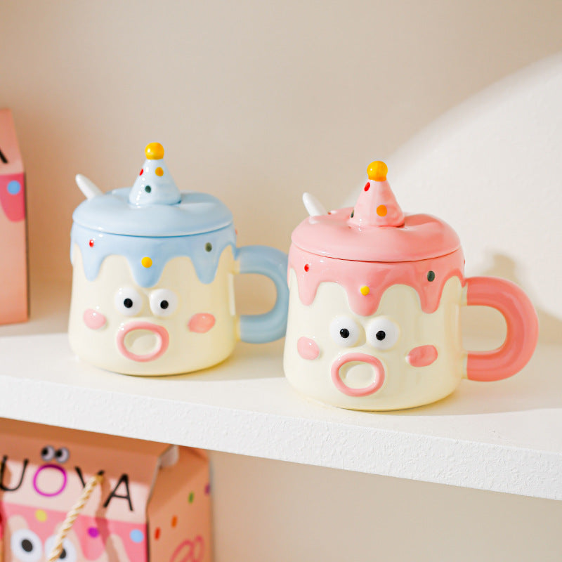 Blue Adorable Cartoon Character Ceramic Mug Set - 420ml with Fun Cake Design Lid & Matching Spoon - Perfect Gift - Image 2