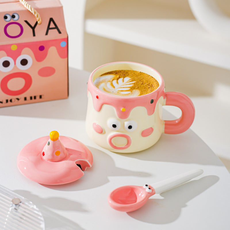 Blue Adorable Cartoon Character Ceramic Mug Set - 420ml with Fun Cake Design Lid & Matching Spoon - Perfect Gift - Image 3