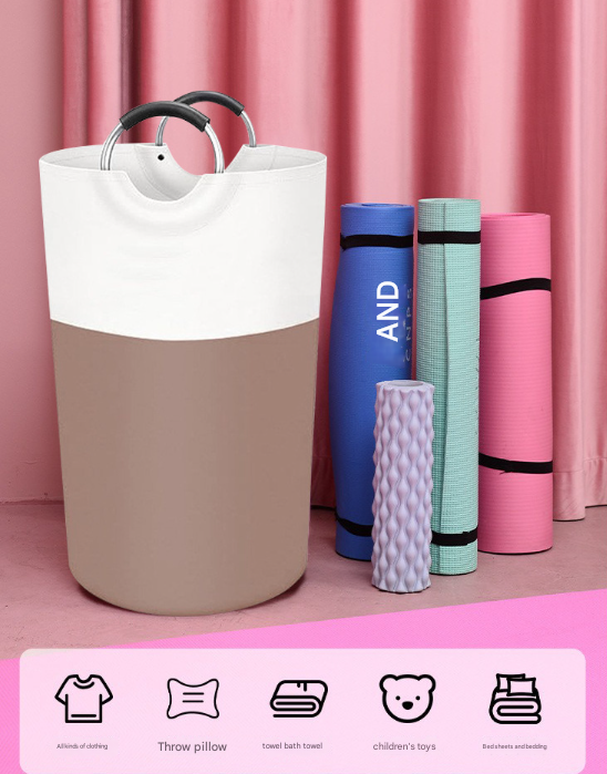 Brown and White Large 90L Freestanding Laundry Hamper - Collapsible Clothes Basket with Aluminum Soft-Grip Handles - Image 3