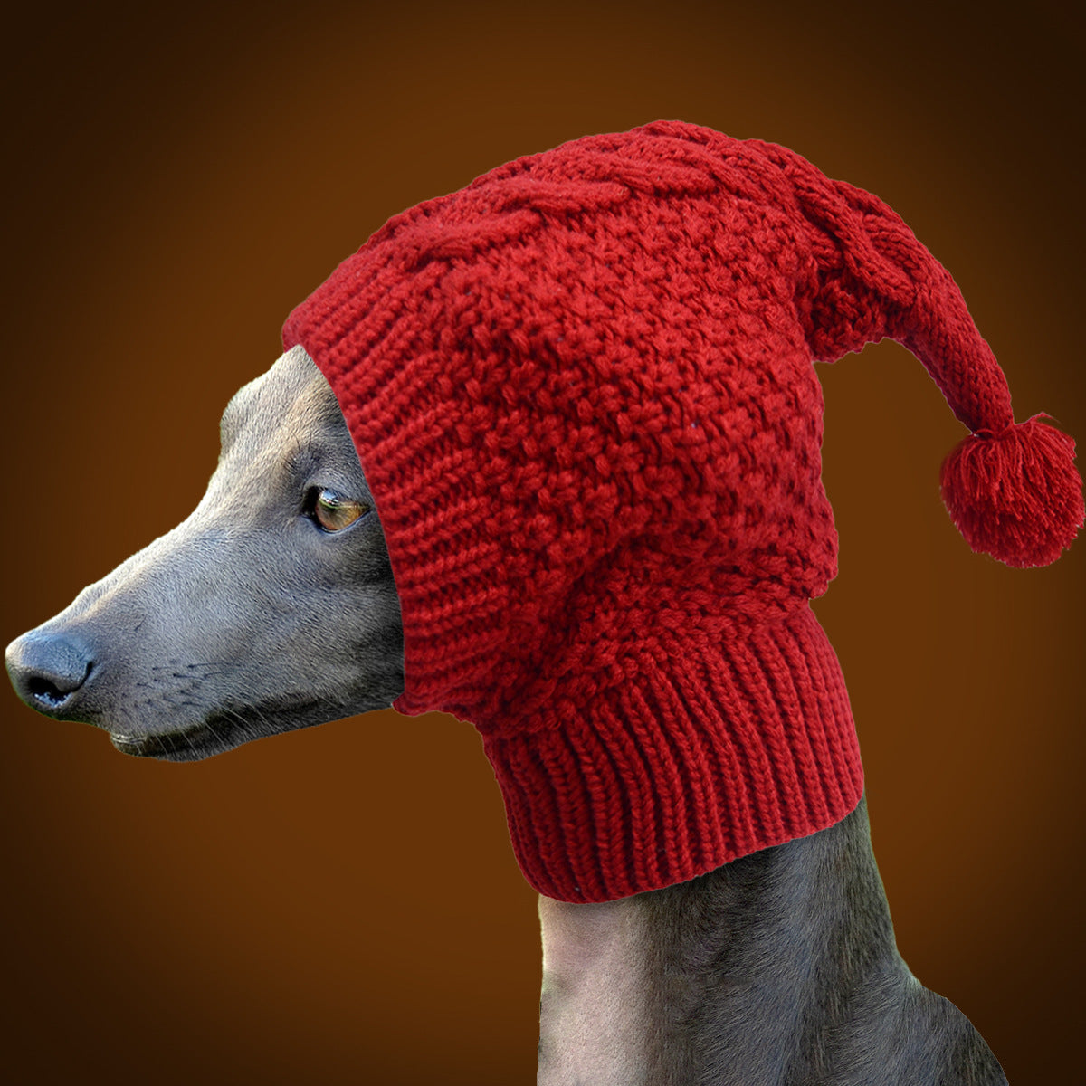 Size L Red Whimsical Knit Dog Hat with Pom-Pom - Cozy Winter Pet Beanie & Snood - Image 3
