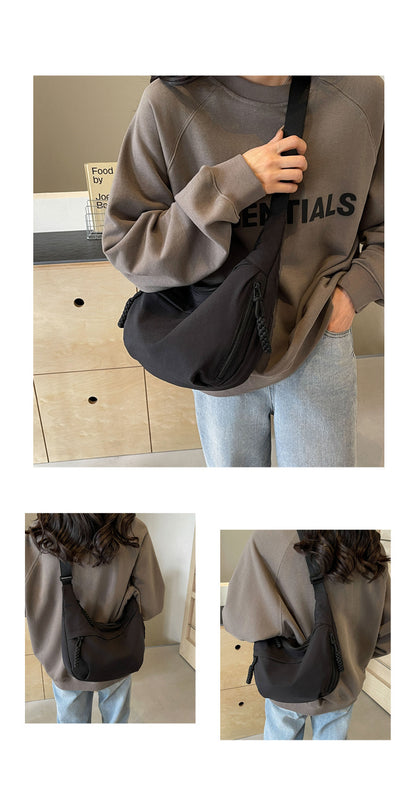 Black Large Nylon Crescent Crossbody Bag - Casual Slouchy Shoulder Purse - Image 2