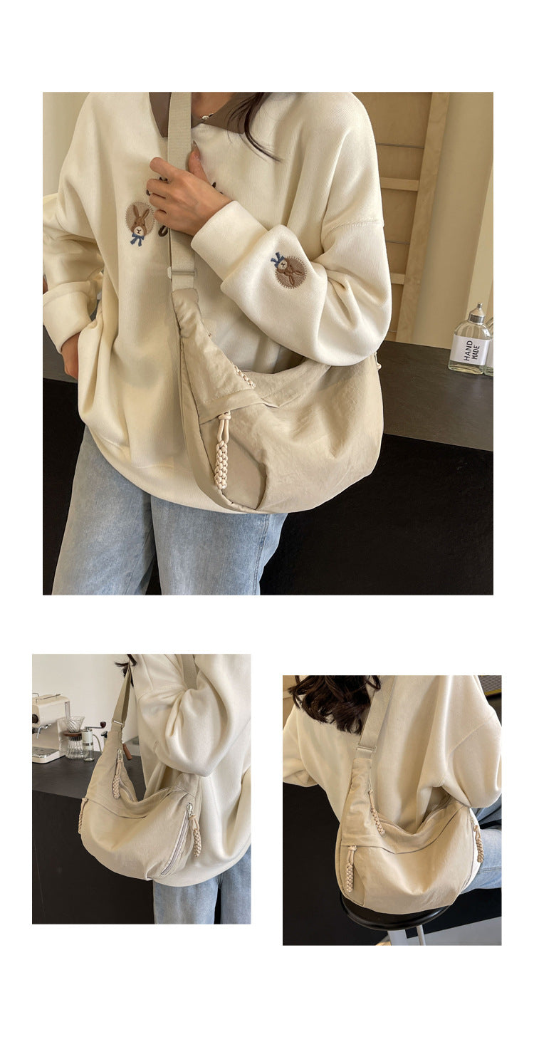 Beige Large Nylon Crescent Crossbody Bag - Casual Slouchy Shoulder Purse - Image 2