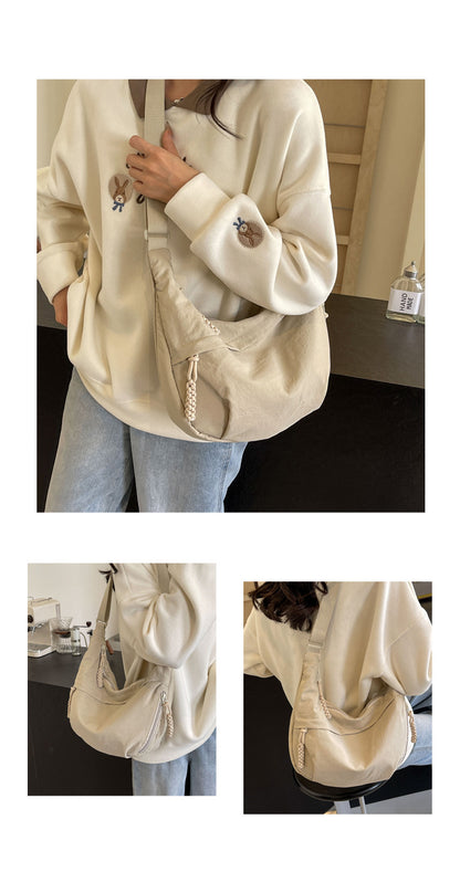 Beige Large Nylon Crescent Crossbody Bag - Casual Slouchy Shoulder Purse - Image 2