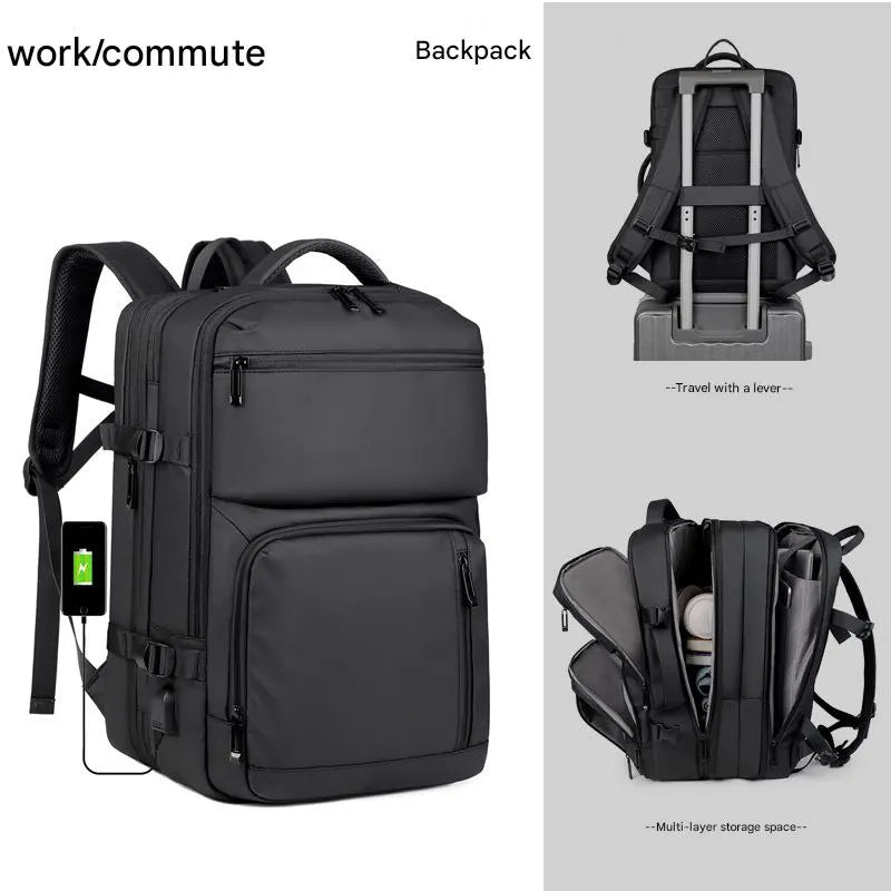 Black Expandable Business Travel Backpack with USB Charging Port - Water-Resistant Laptop Bag for Commuting & Carry-On