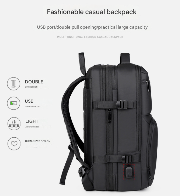 Black Expandable Business Travel Backpack with USB Charging Port - Water-Resistant Laptop Bag for Commuting & Carry-On - Image 3