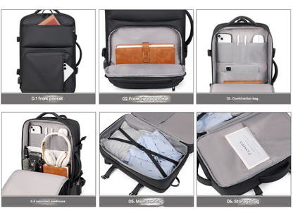 Black Expandable Business Travel Backpack with USB Charging Port - Water-Resistant Laptop Bag for Commuting & Carry-On - Image 6