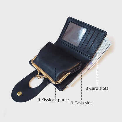 Black Elegant Croc Embossed Womens Wallet - Short PU Leather Bifold with Removable Kisslock Coin Purse & Card Holder - Image 2