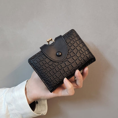 Black Elegant Croc Embossed Womens Wallet - Short PU Leather Bifold with Removable Kisslock Coin Purse & Card Holder - Image 5
