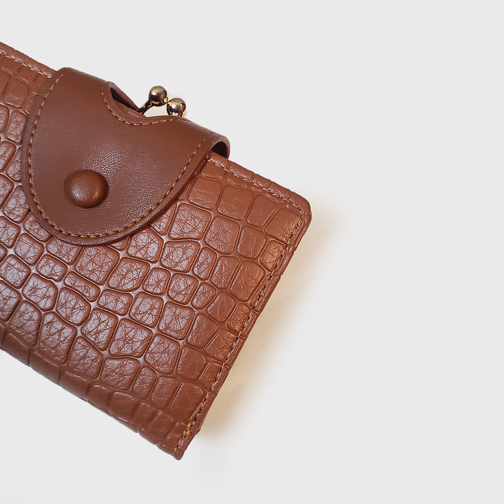 Brown Elegant Croc Embossed Womens Wallet - Short PU Leather Bifold with Removable Kisslock Coin Purse & Card Holder - Image 2