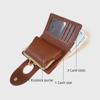 Brown Elegant Croc Embossed Womens Wallet - Short PU Leather Bifold with Removable Kisslock Coin Purse & Card Holder - Image 3