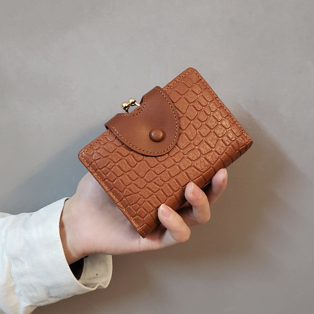 Brown Elegant Croc Embossed Womens Wallet - Short PU Leather Bifold with Removable Kisslock Coin Purse & Card Holder - Image 5