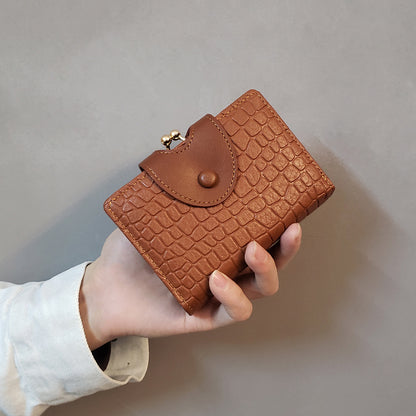 Brown Elegant Croc Embossed Womens Wallet - Short PU Leather Bifold with Removable Kisslock Coin Purse & Card Holder - Image 5