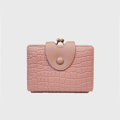 Pink Elegant Croc Embossed Womens Wallet - Short PU Leather Bifold with Removable Kisslock Coin Purse & Card Holder