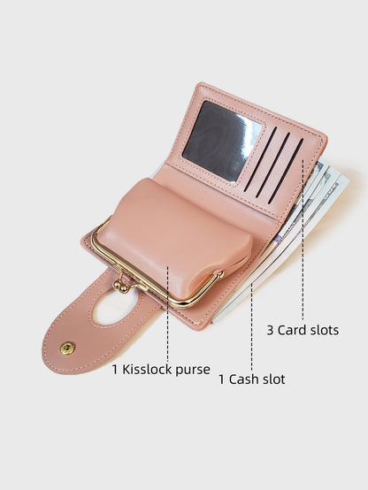 Pink Elegant Croc Embossed Womens Wallet - Short PU Leather Bifold with Removable Kisslock Coin Purse & Card Holder - Image 2