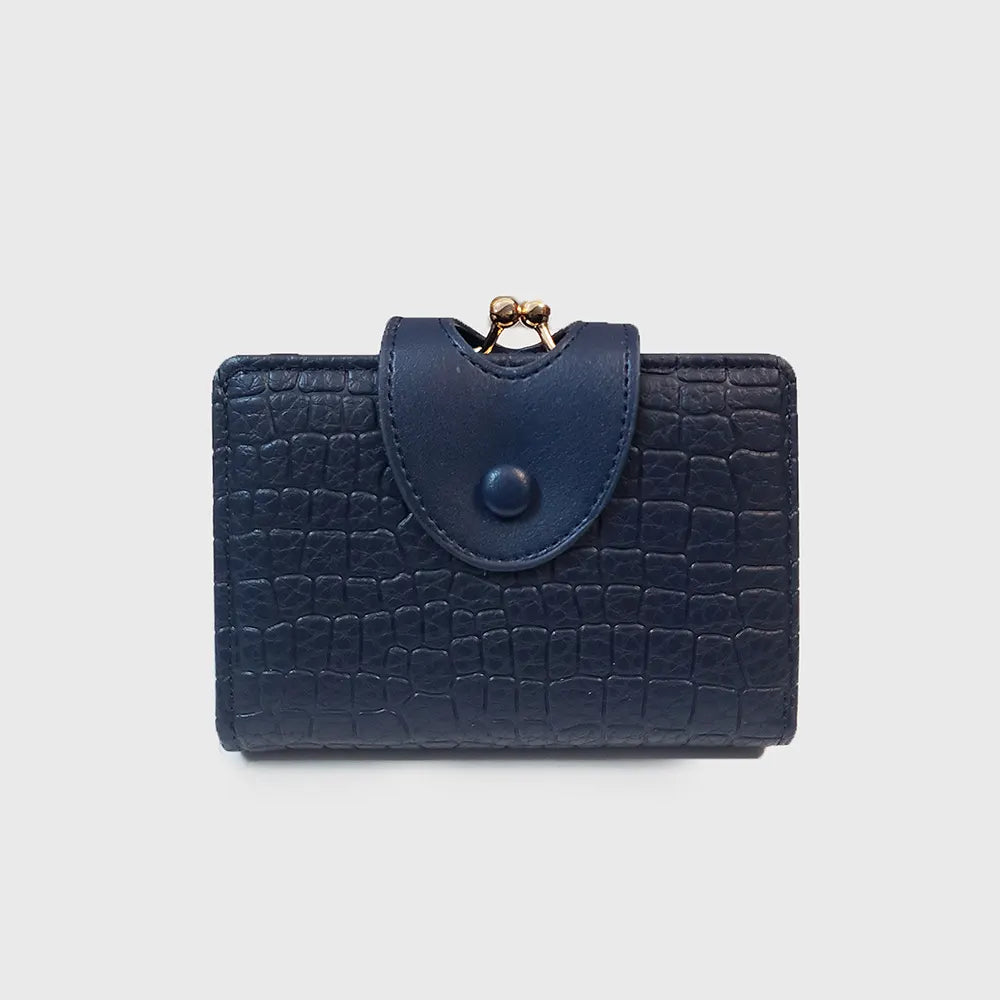 Dark Blue Elegant Croc Embossed Womens Wallet - Short PU Leather Bifold with Removable Kisslock Coin Purse & Card Holder
