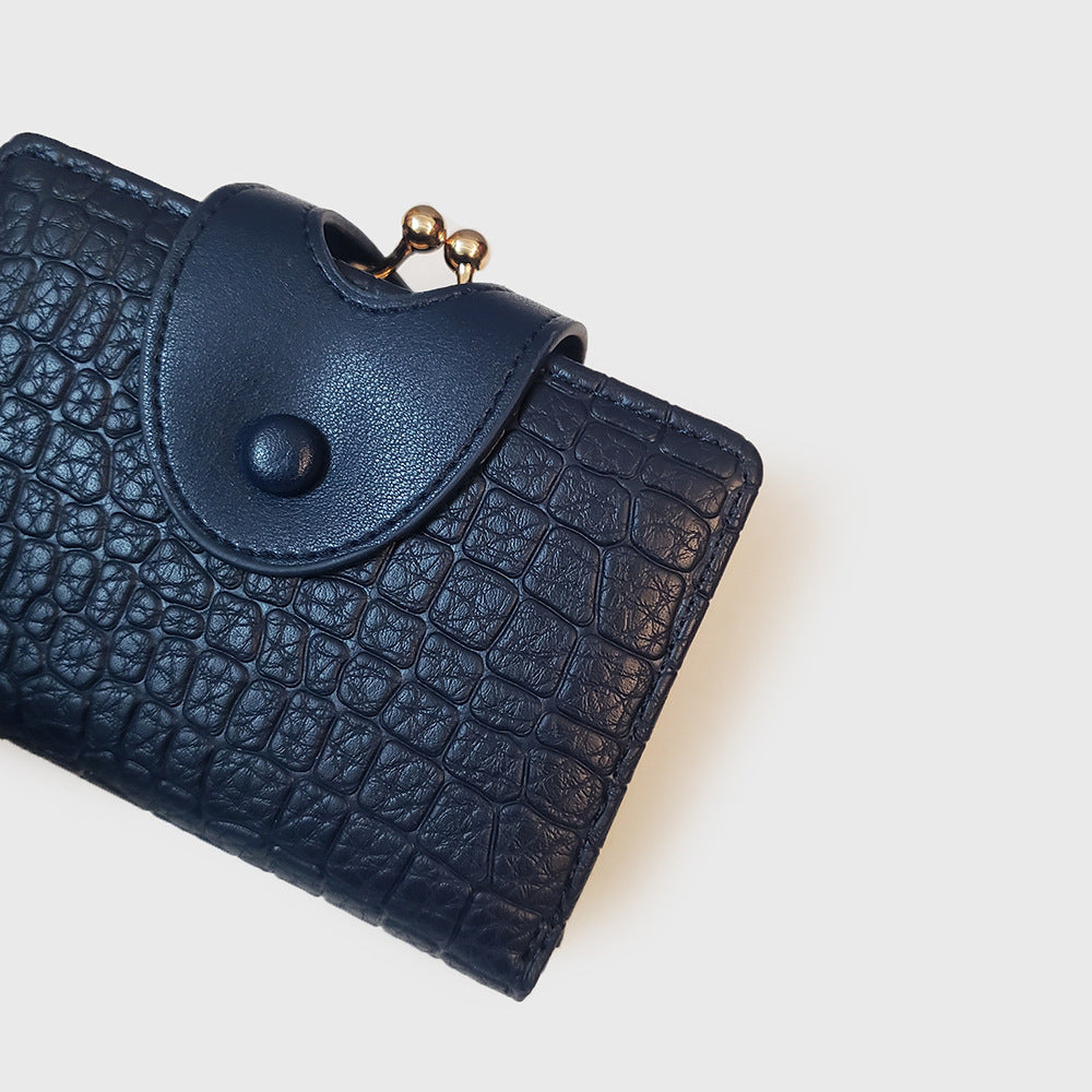 Dark Blue Elegant Croc Embossed Womens Wallet - Short PU Leather Bifold with Removable Kisslock Coin Purse & Card Holder - Image 3