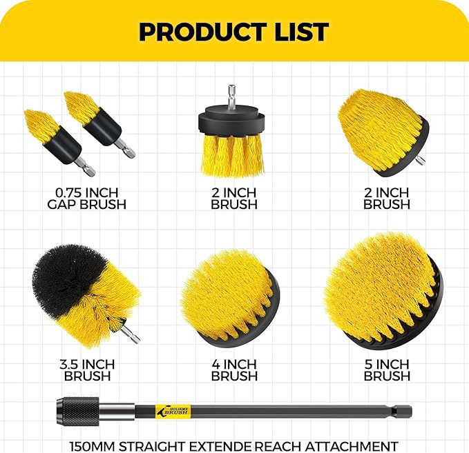 Yellow and Black  6 Pack Drill Brush Power Scrubber Cleaning Brush Extended Long Attachment Set All Purpose Drill Scrub Brushes Kit for Grout, Floor, Tub, Shower, Tile, Bathroom and Kitchen Surface - Image 4