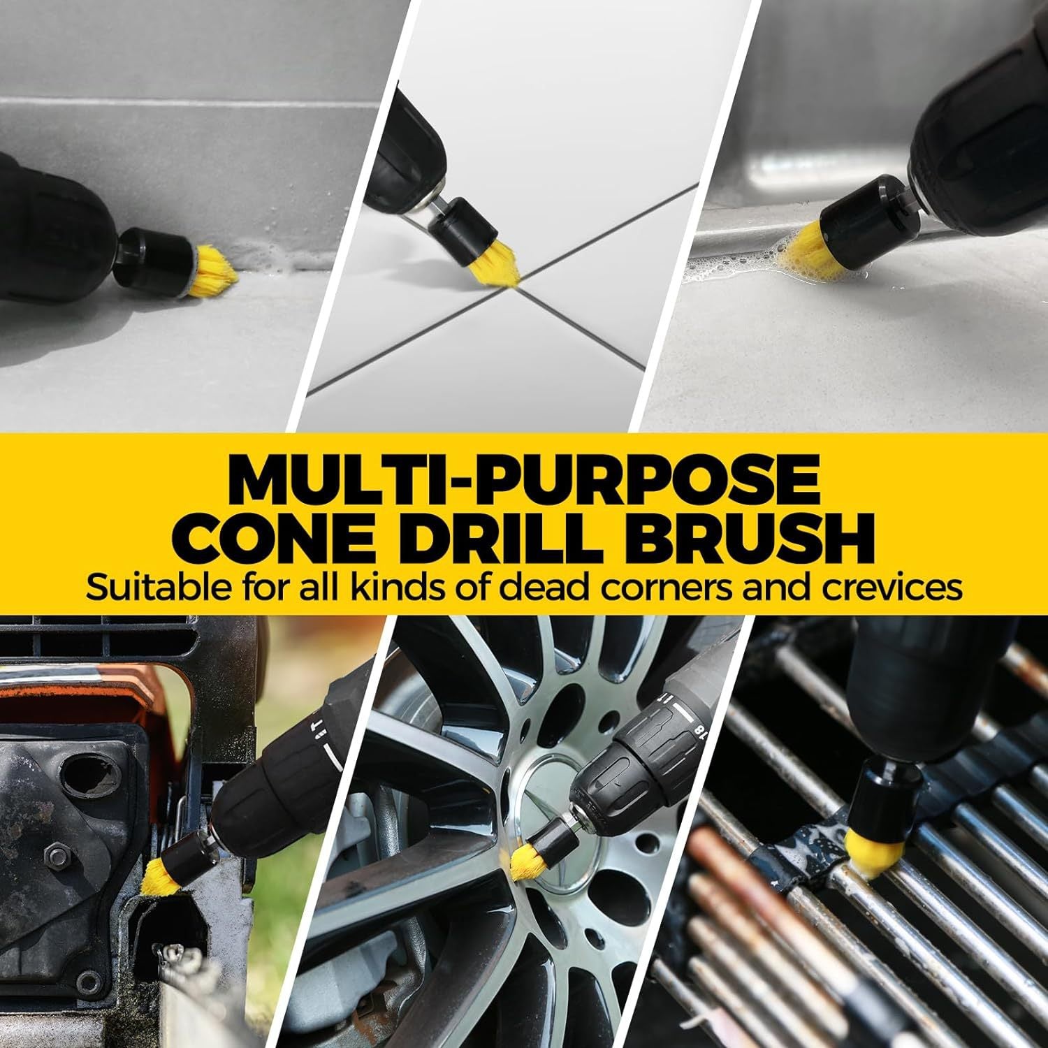 Yellow and Black  6 Pack Drill Brush Power Scrubber Cleaning Brush Extended Long Attachment Set All Purpose Drill Scrub Brushes Kit for Grout, Floor, Tub, Shower, Tile, Bathroom and Kitchen Surface - Image 6